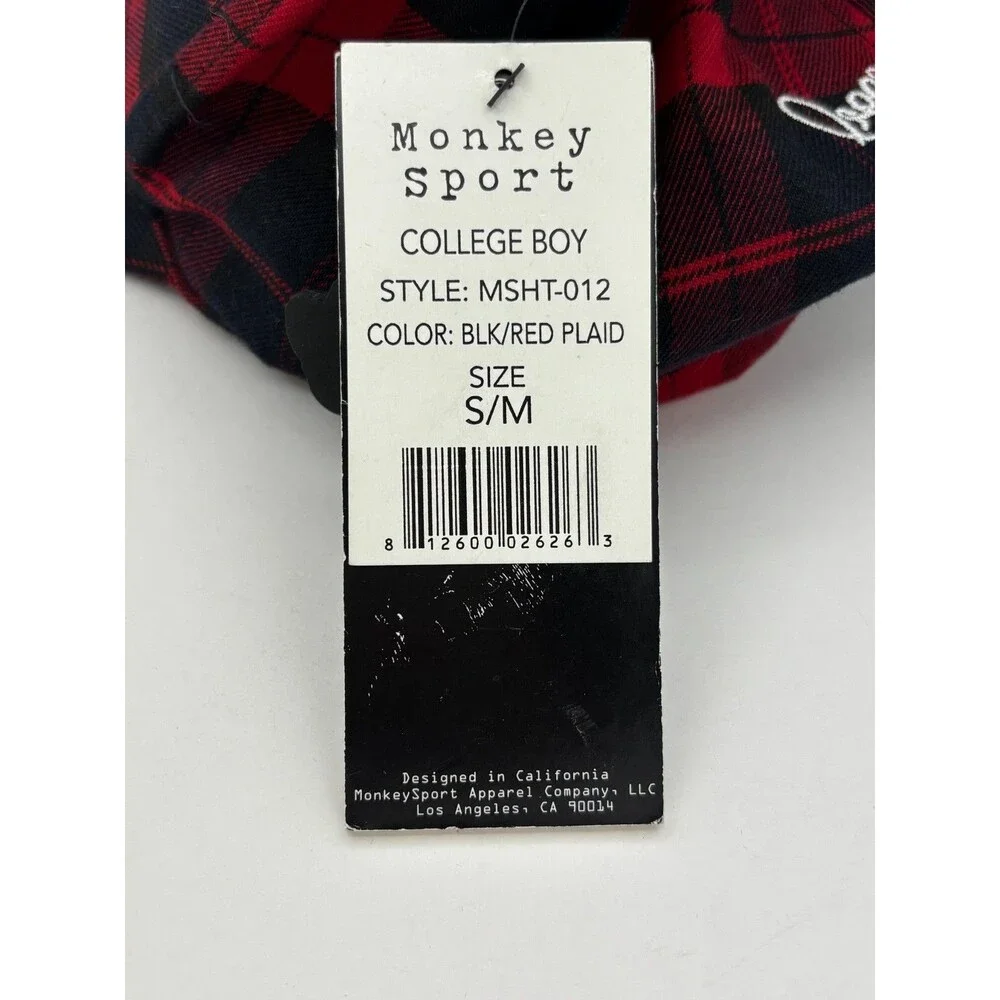 Monkey Sport Plaid Hat S/M Red Black Tartan Baseball Cap NWT Embroidered Monkey